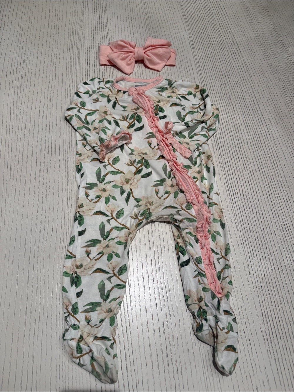 Mud Pie Magnolia Floral Footed One-Piece with Pink Ruffles with Matching Bow